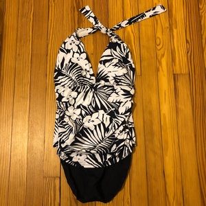 Lauren Ralph Lauren black & white floral one piece halter tie swimsuit S…